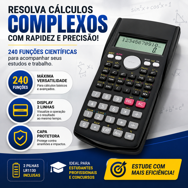 Calculadora Científica 240 Funções Com Capa LCD 2 Linhas 10+2 Dígitos Para Escola Faculdade Engenharia