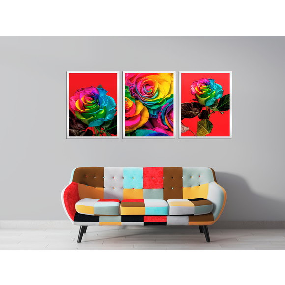Quadros Decorativo Mosaico 30X50 3 peças Mdf Alta Resolução Full HD Rosas Coloridas Colors