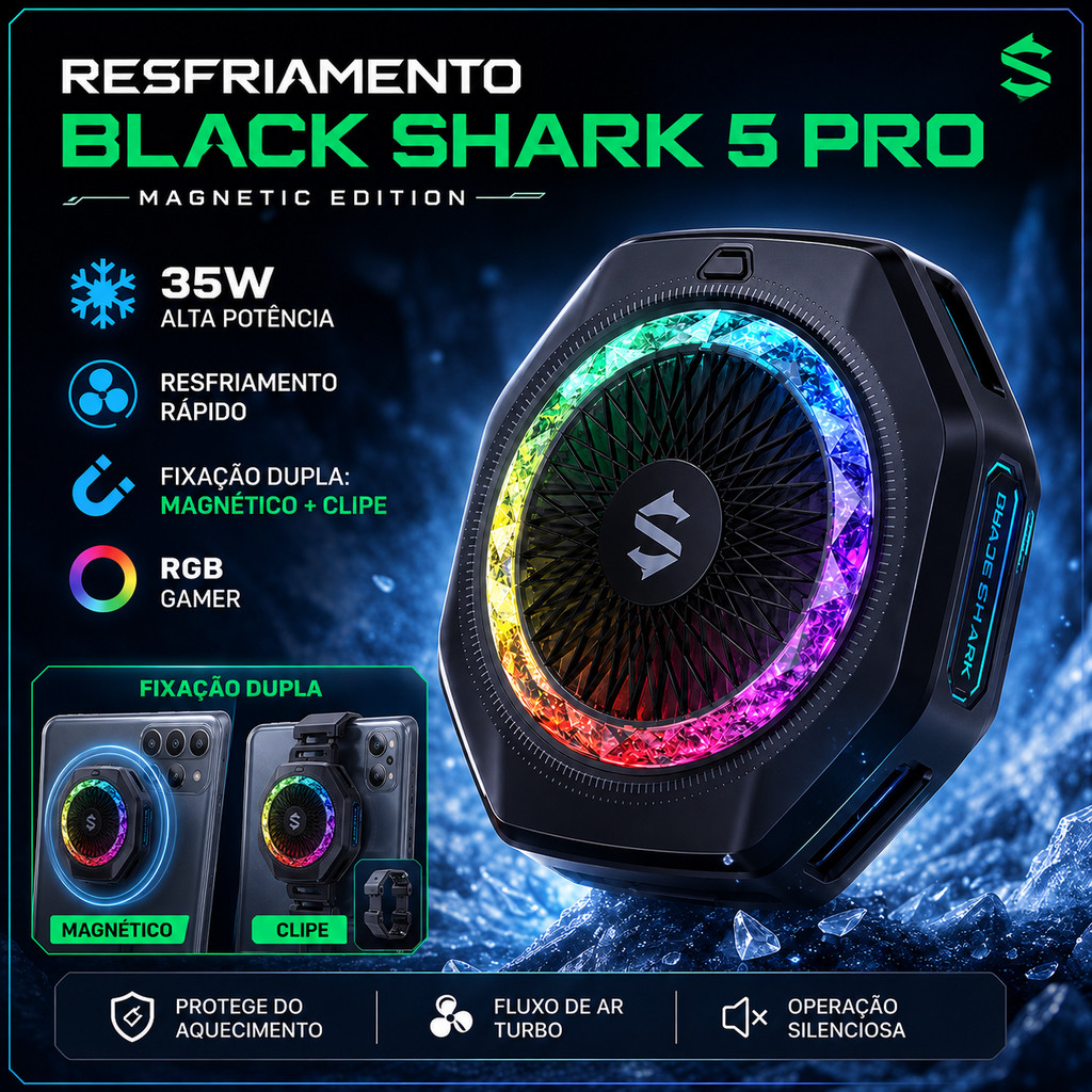 Black Shark 5 Pro 35W Refrigerador Magnético para Telefone + Clipe RGB, adequado para jogos e resfriamento rápido.