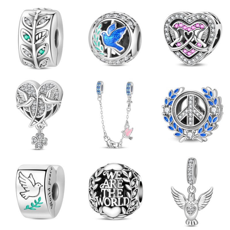 Berloques prata S925 Peace Olive Branch Spacer Beads Peace Pigeon Pingente Fivela de segurança em formato de coração