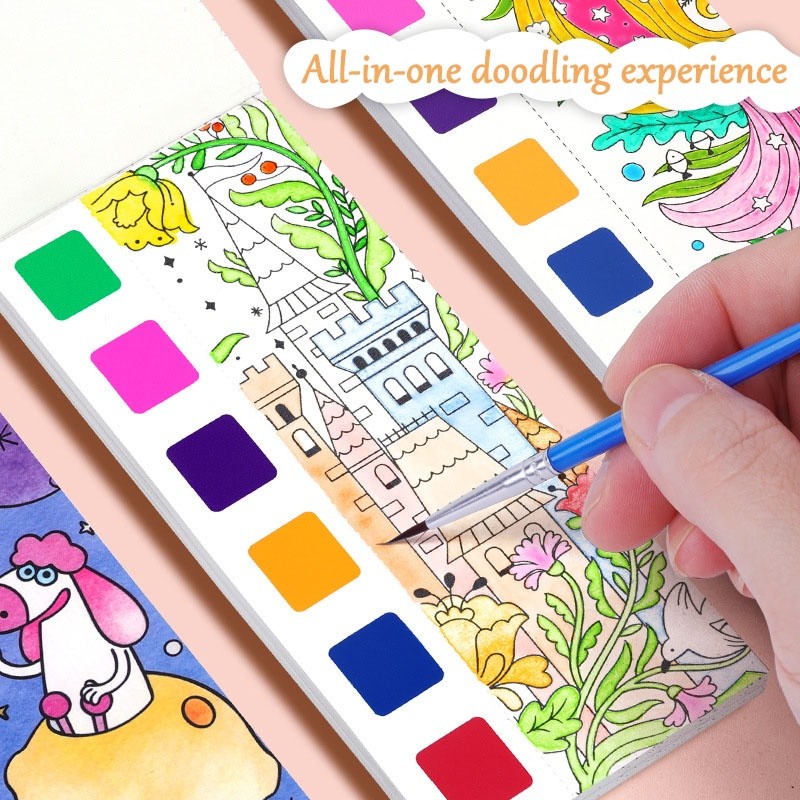 KITS Livro De Pintura Aquarela Portátil Para 12 Folhas Colorir Com Pincel Gouache Kids Graffiti Picture Drawing CASALUA