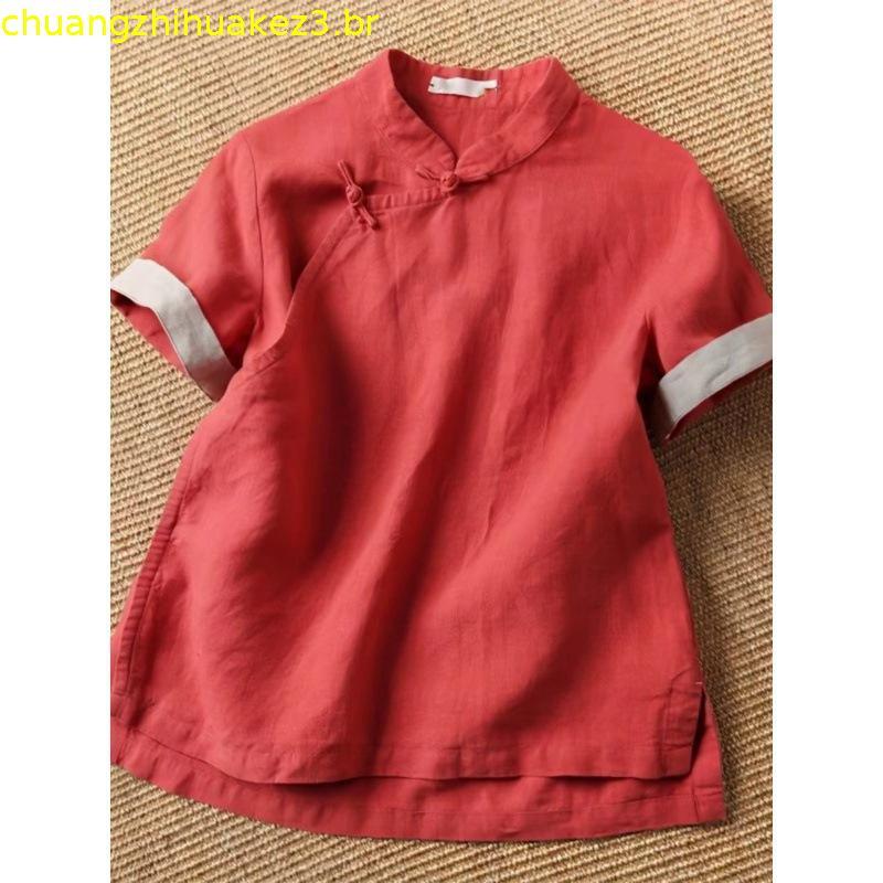 Shopping desconto loja retirada gabinete botão csa feminina novo chinês Retro vermelho gola alta de manga curta Zen c