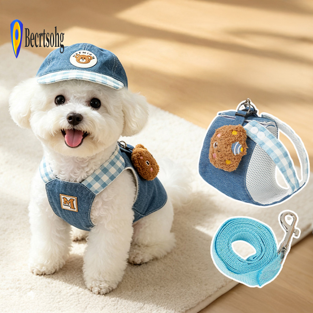 Cute Bear Harness Adjustable Dog Denim Set with Padded Breathable Vest 4ft Nylon Leash – Design for Small Dogs Comfort