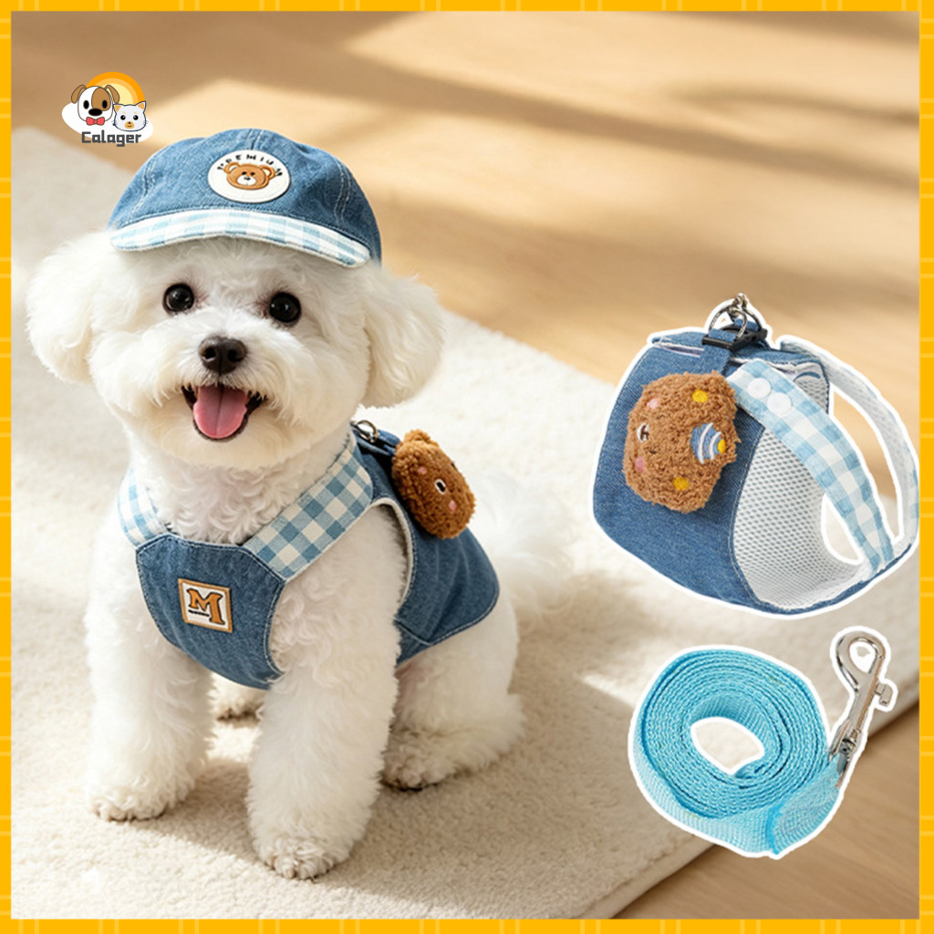 Adjustable Dog Harness Breathable Pet Denim Set with Padded Vest 4ft Nylon Leash – Cute Bear Design for Small Dogs Com