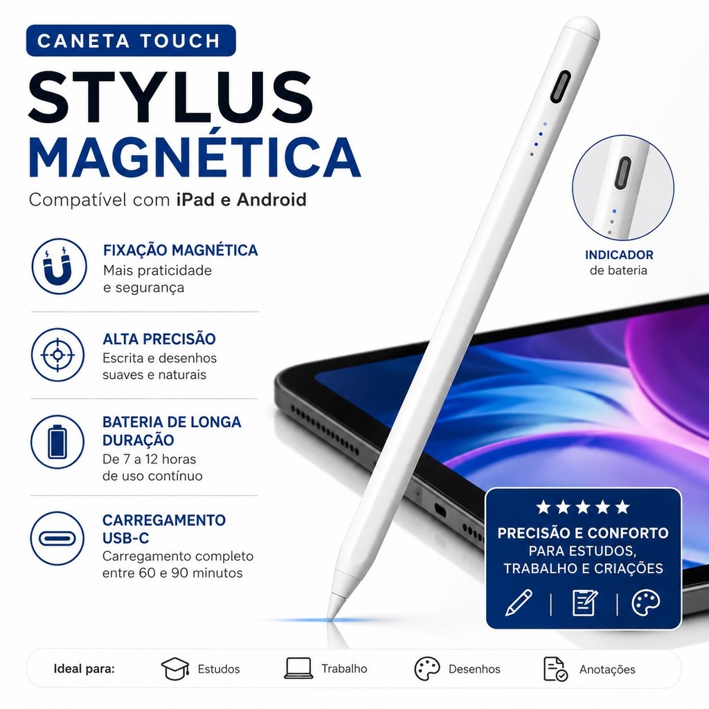Caneta Magnética Touch Screen Compatível com iPad e Android Stylus de Precisão