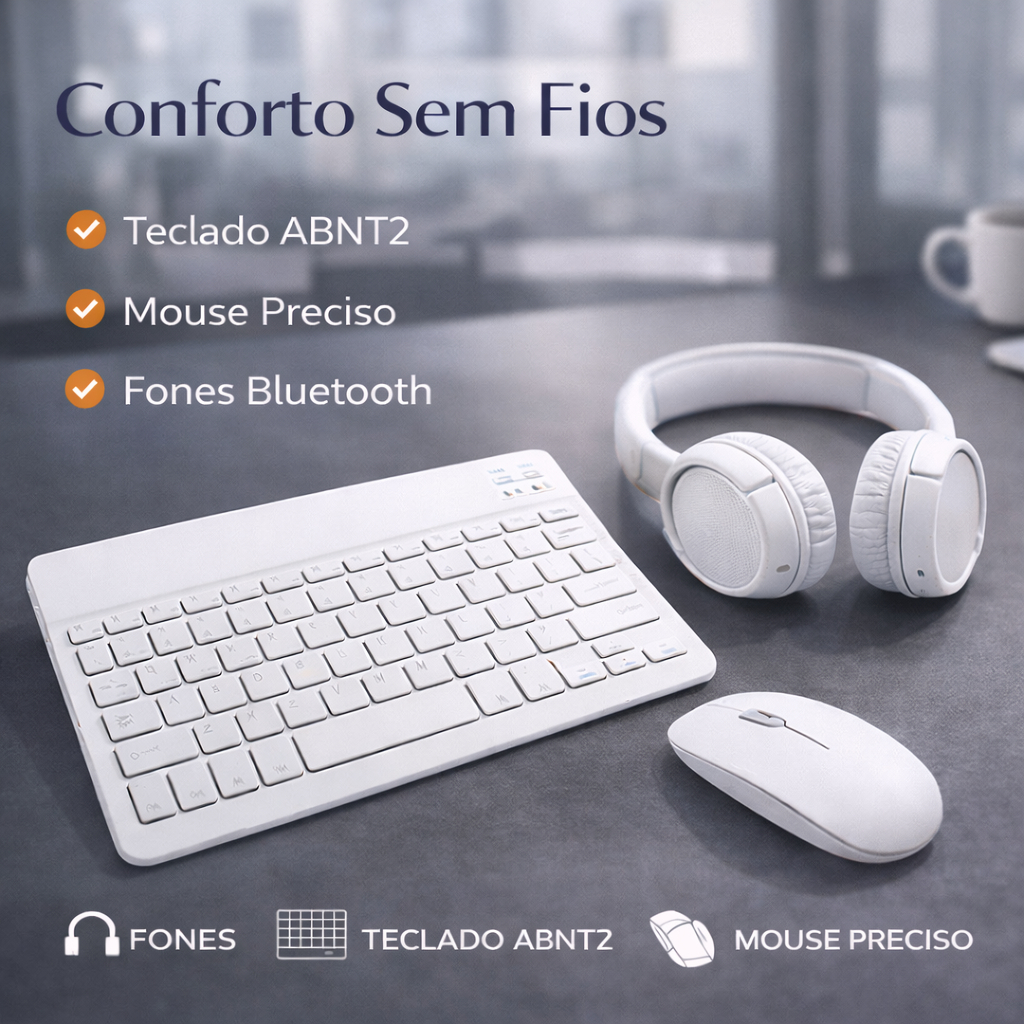 Kit Teclado e Mouse Sem Fio Bluetooth + Fone Bluetooth Branco Bianco Sync Para PC Tablet