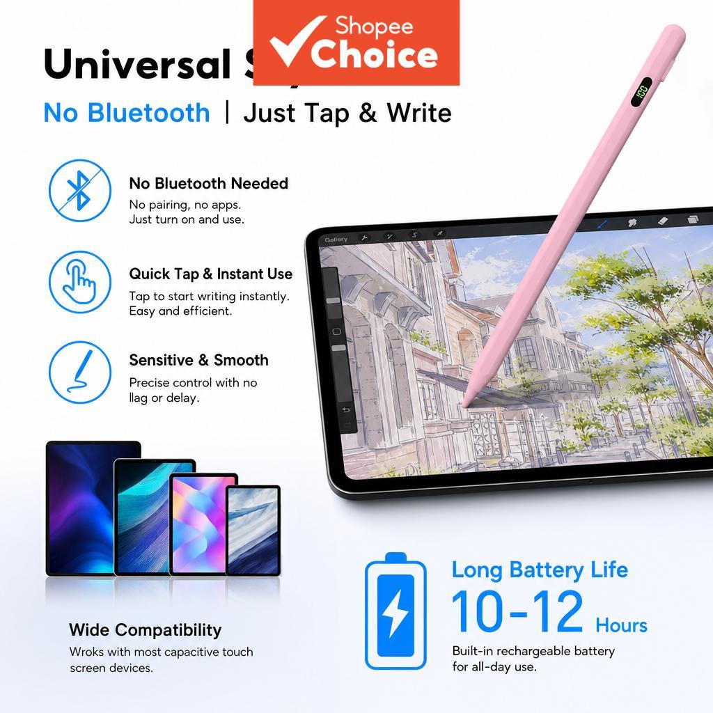 Caneta Universal Touch Pen 2026 com indicadores de LED de energia, compatível com Android, iOS e Windows, para iPad