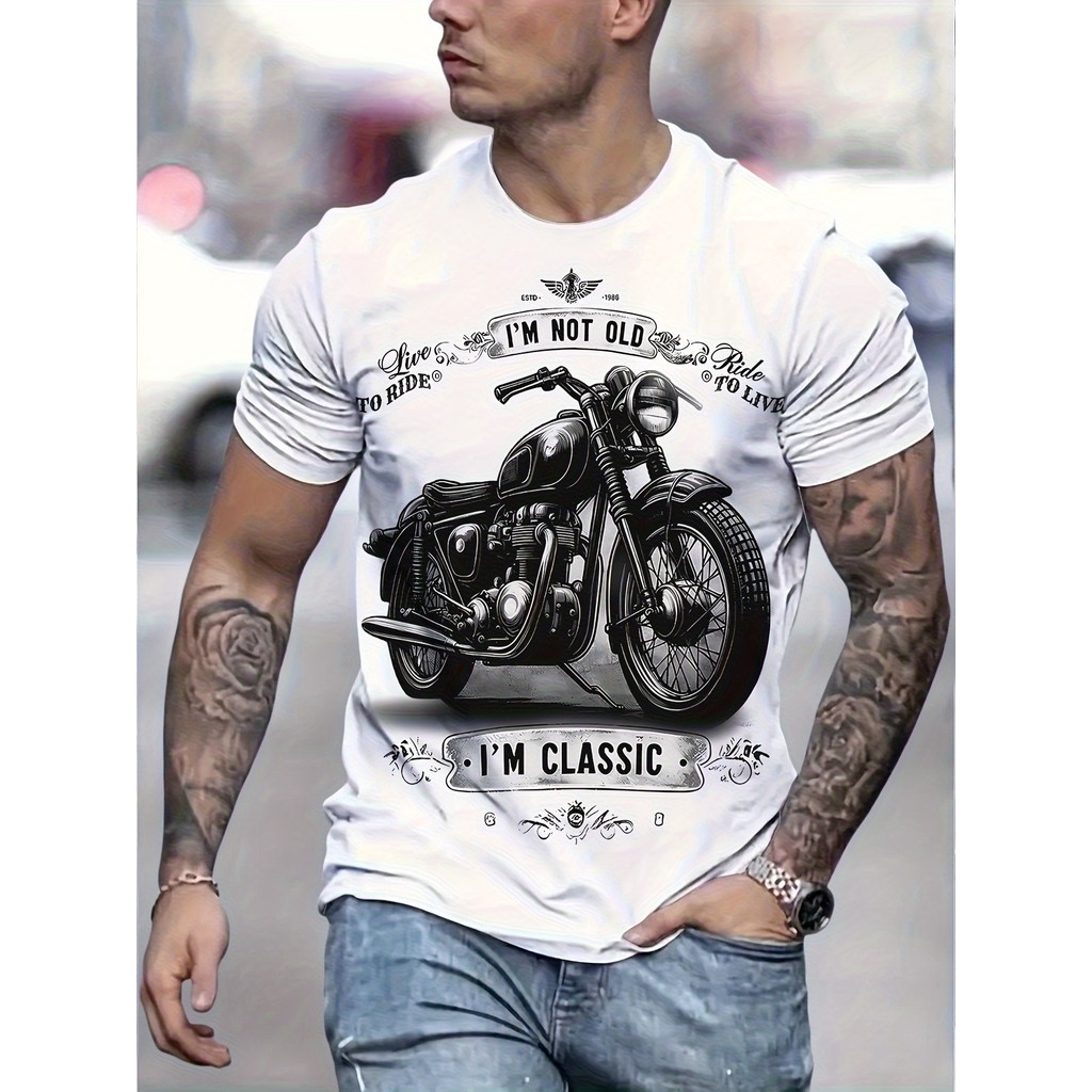 Camiseta Masculina Casual de Verão com Estampa 3D Digital Vintage de Motocicleta Lançamento