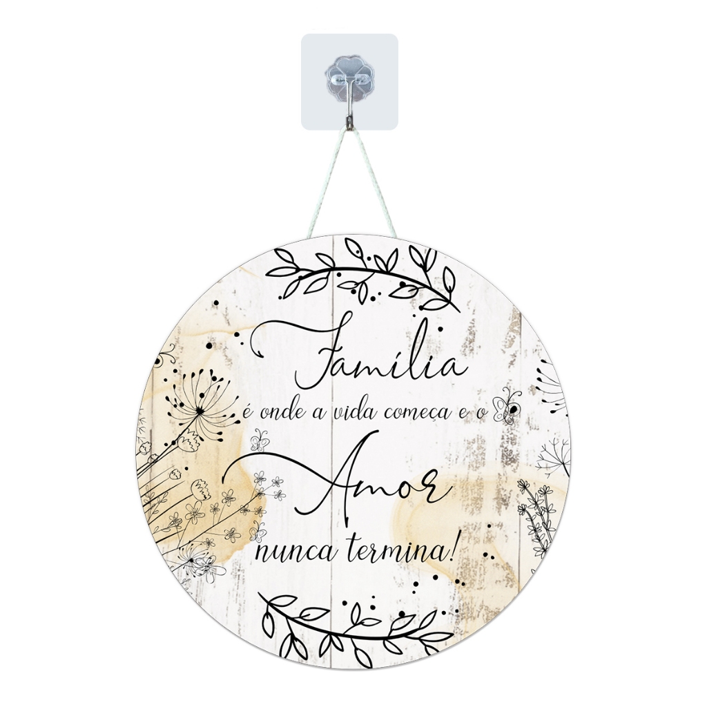 Placa Enfeite Porta Guirlanda Decorativa MDF Adesivado Frase Família Amor Lar 25cm