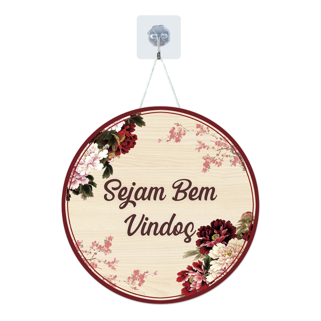 Placa Enfeite Porta Decorativa com Corda Redonda MDF Adesivado Sejam Bem Vindos 25cm
