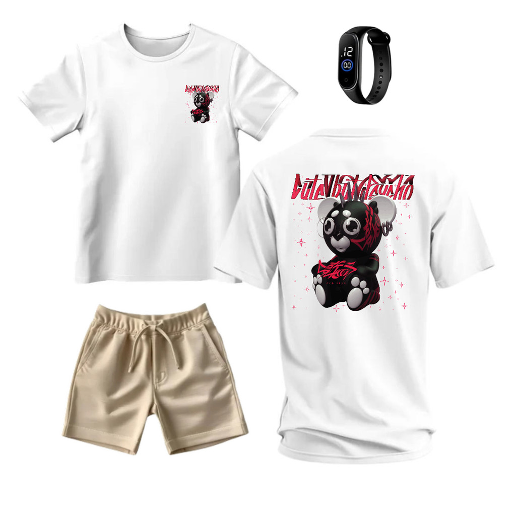 Kit Infantil Camiseta Menino Urso Red e Short Moletinho + Relógio Camisa Criança Streetwear