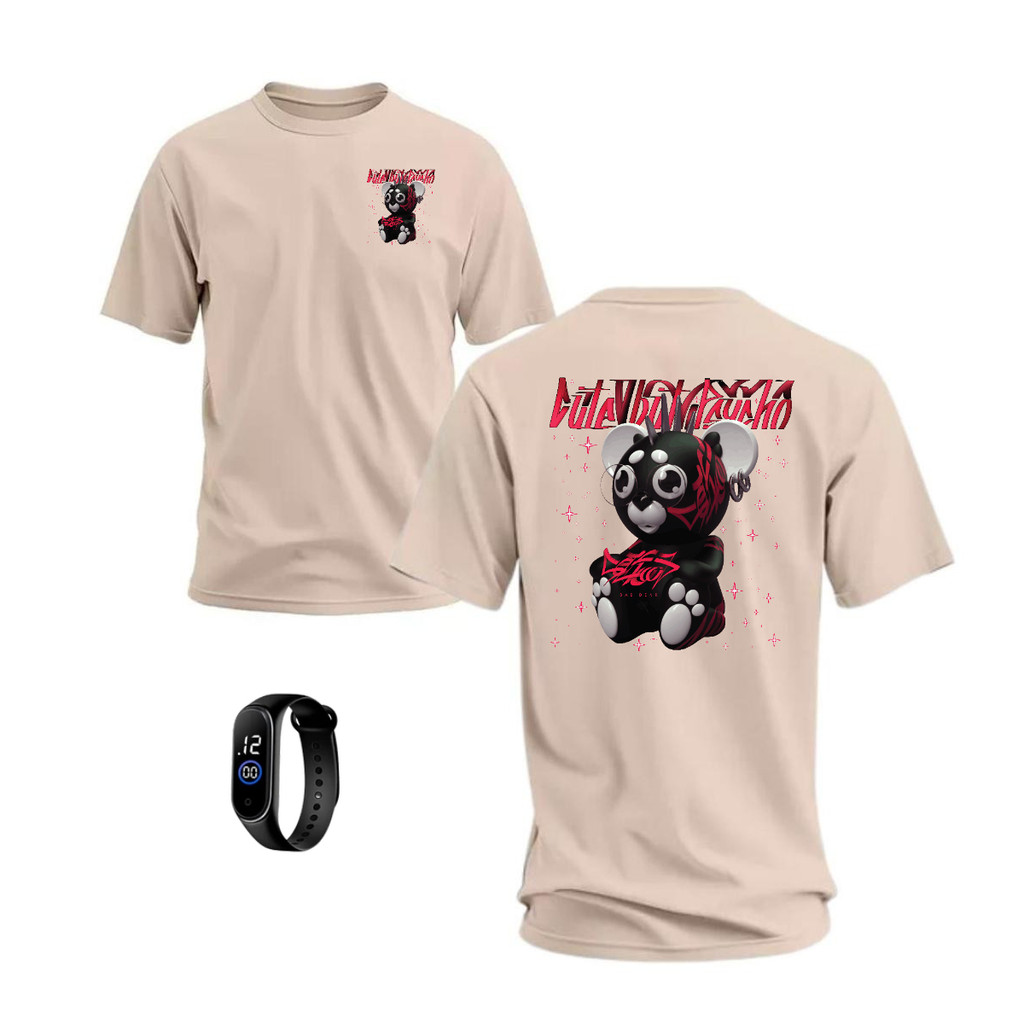 Camiseta Masculina Estampa Urso Red + Relógio Camisa Streetwear Malha Premium