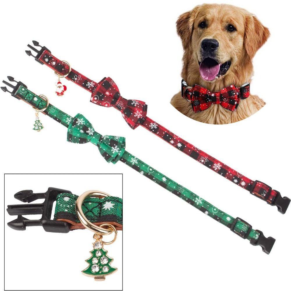 2 Pçs/Set Coleira De Cachorro De Natal , Gravata De Animal De Estimação Padrão De Floco De Neve Xadrez Verde Vermelho ,