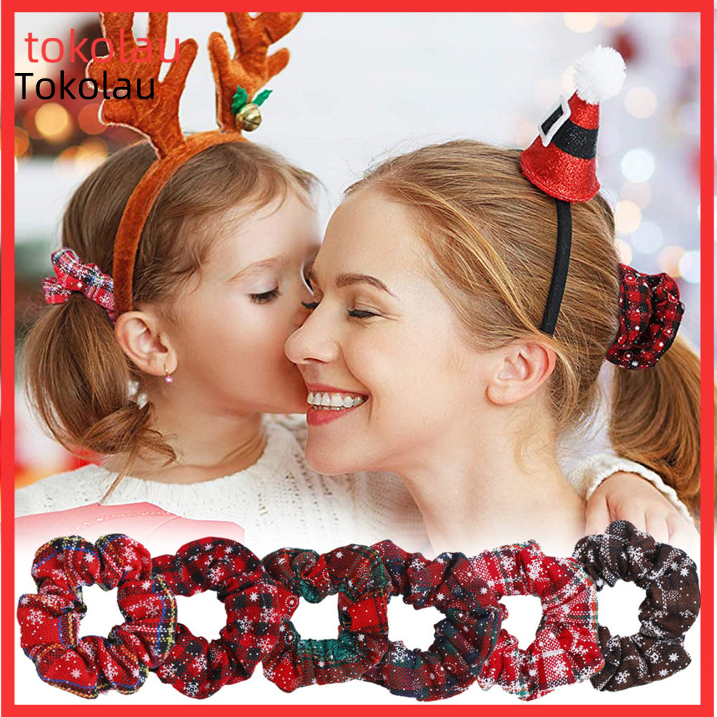 Versatile Elastic Hair Bands Knitted Ties 2pcs Christmas Plaid Scrunchies with Snowflake Design Soft Ponytail Holders fo