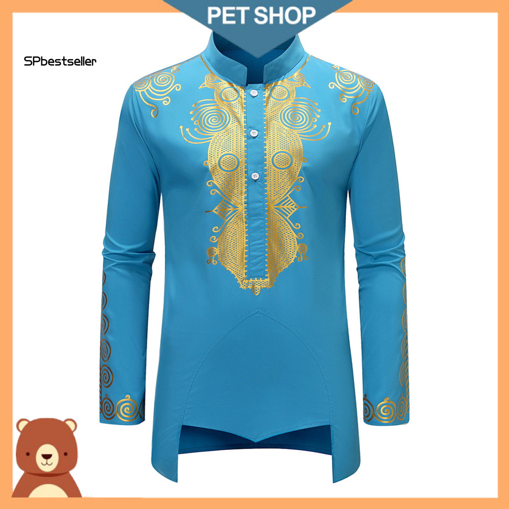 Retro Men Shirt Vintage Style Top Men's Ethnic Stand Collar Long Sleeve Pullover with Buttons Printed Front Low Back Hig