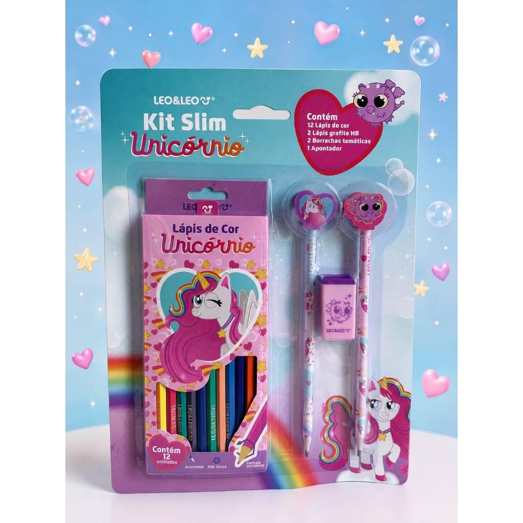 Kit Slim Unicórnio Leo&Leo – Kit Escolar com Lápis de Cor, Lápis Grafite, Borrachas e Apontador