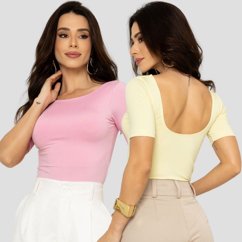 Kit 2 Blusa Feminina Slim Fit Decote Costas Aberta Candy Color Casual