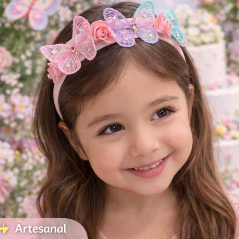 Tiara Jardim Encantado Candy Color Borboletas Luxo | Faixinha Bebê Slim com Flores e Strass