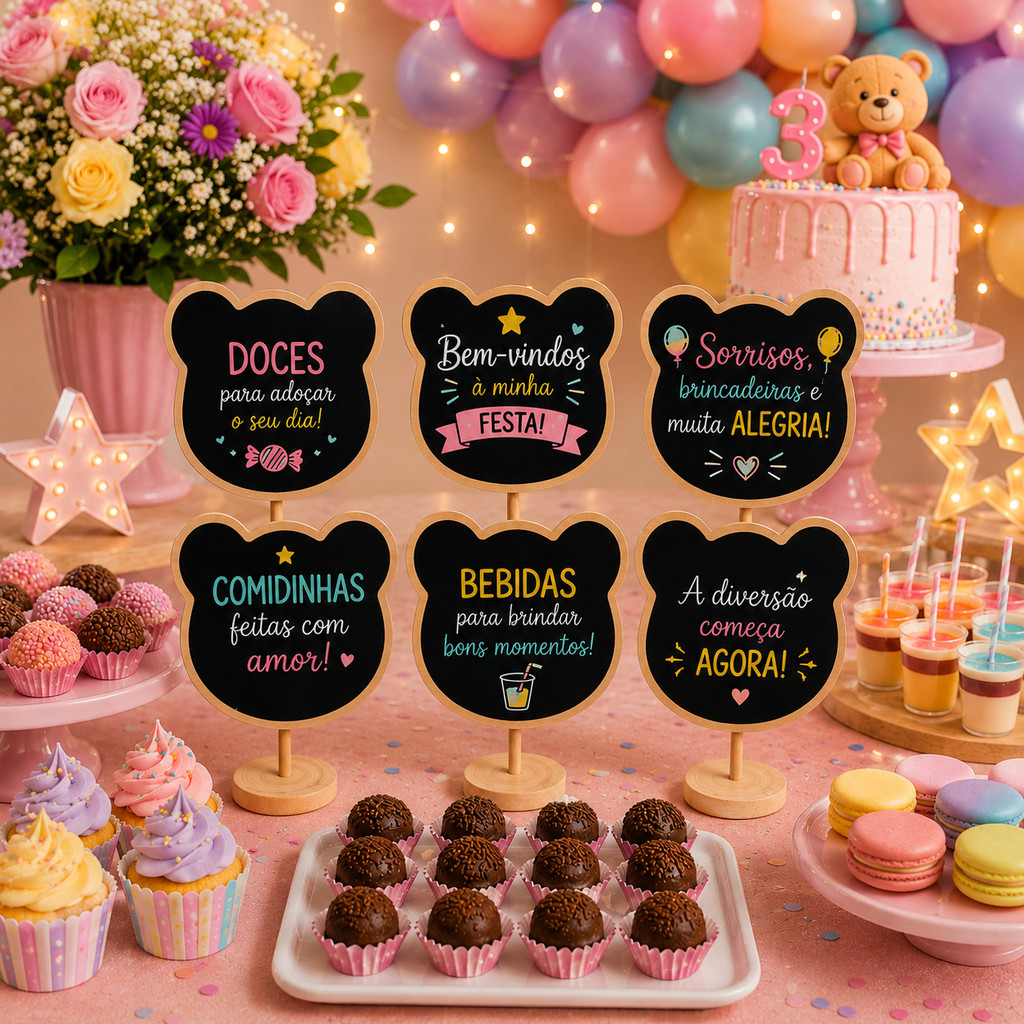 Kit 6 Lousas Urso de Mesa Madeira Chá de Bebê Teddy Bear Mesa de Doces Identificação