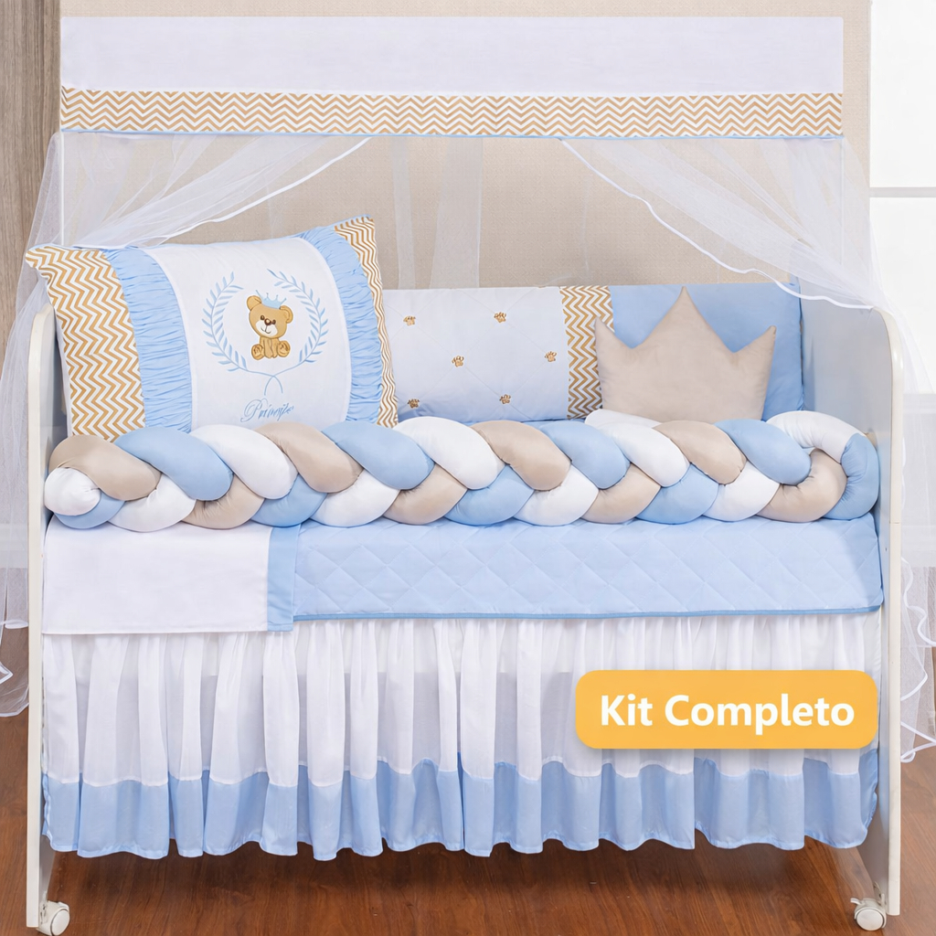 Kit Berço Trançado Urso Teddy Azul – 11 Peças | Padrão Americano
