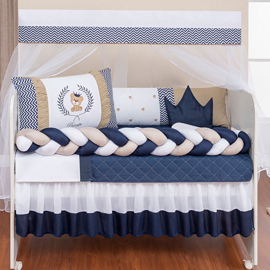 Kit Berço Urso Teddy Marinho Para Bebe 11 Peças Padrão Americano - LINHA PREMIUM