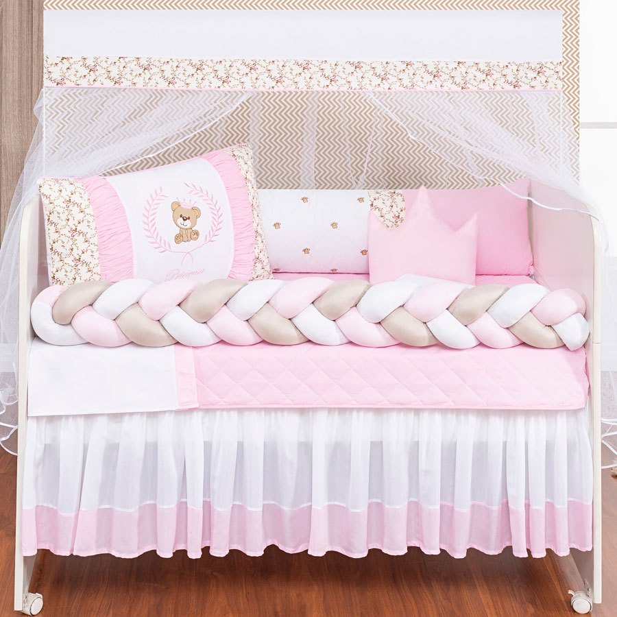 Kit Berço Urso Teddy Rosa Menina 11 Peças Completo Padrão Americano