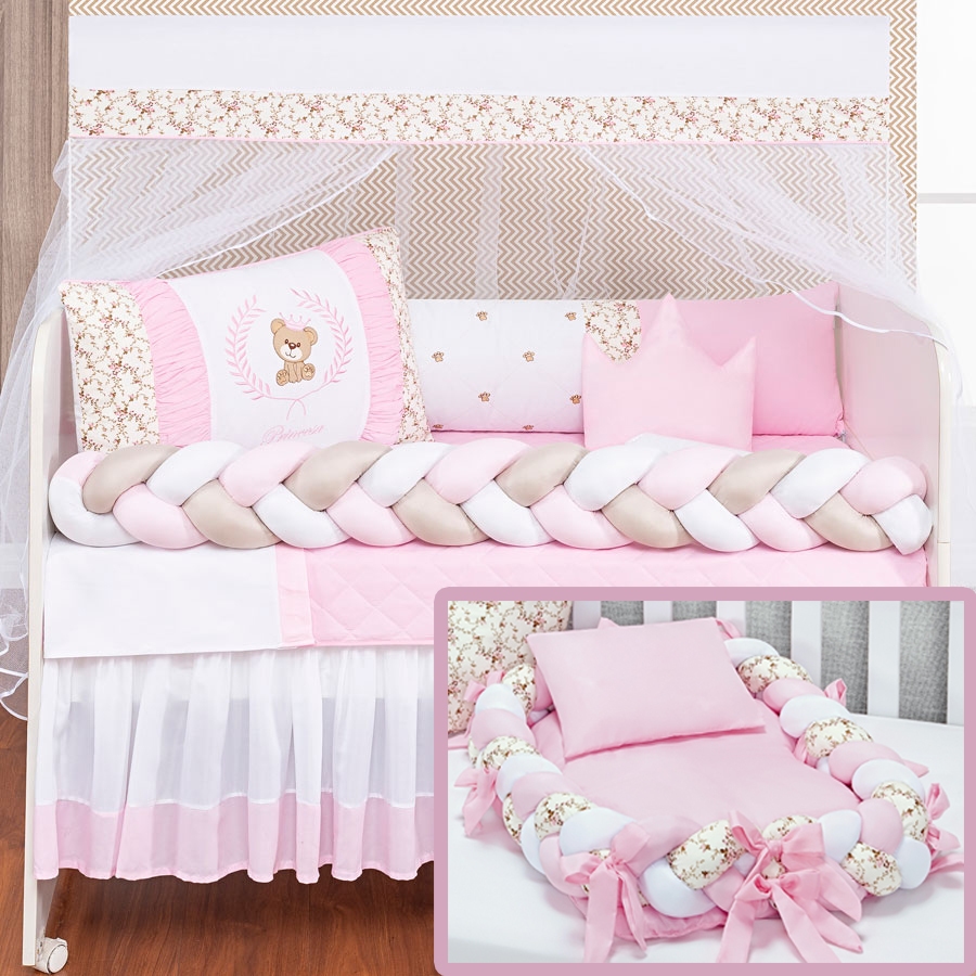 Kit Berço Urso Teddy Rosa Menina Trançado Padrão Americano + Ninho Trança Floral Rosa 15 Peças
