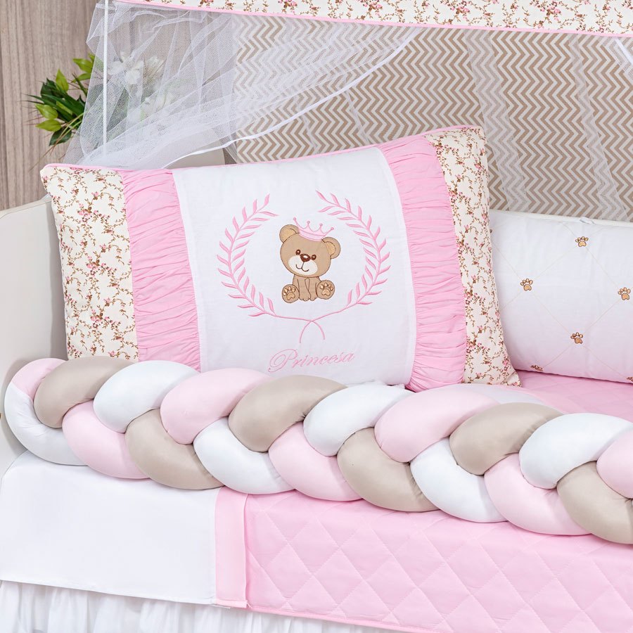 Kit Berço Teddy Trança 11 Pcs Bebê Chevron Protetor Mosquiteiro Menino Menina