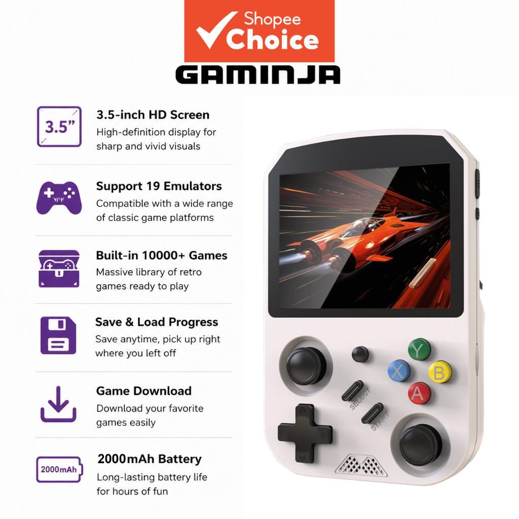 GAMINJA Console de Jogo Tela HD de 3,5 polegadas Com 10.000+ jogos integrados Suporta 19 emuladores Console portátil de
