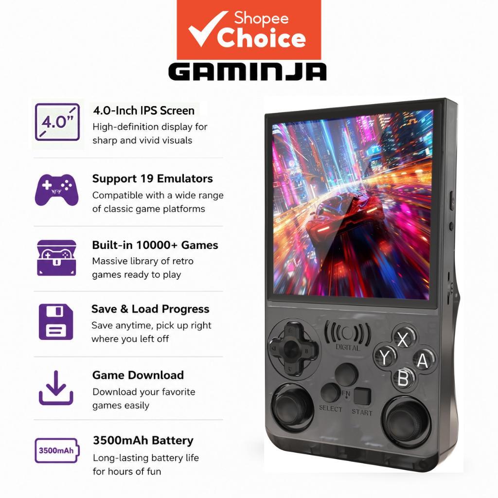 GAMINJA Console de jogos Tela de alta definição de 4,0 polegadas Jogos integrados de 10.000+ Suporte para 19 emuladores