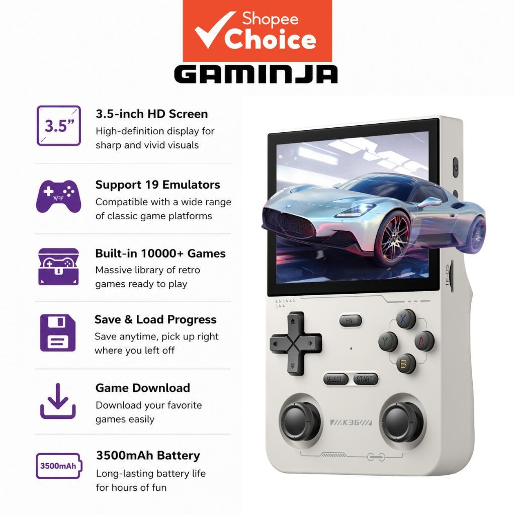Console portátil GAMINJA K36 com tela HD de 3,5 polegadas, 10.000+ jogos integrados e 19 emuladores