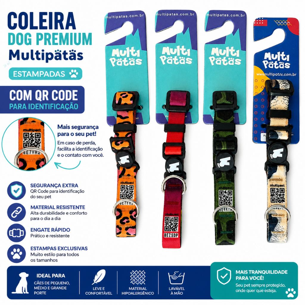 Coleira Estampada Dog Premium Multipatas com QR Code para Identificação Pet