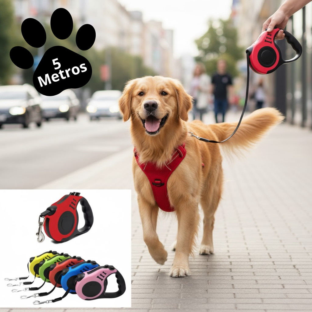 Guia Retrátil Automática 5 metro Para Passeio Cachorro e  Gato - Dog Leash diversas cores Coleiras diversas