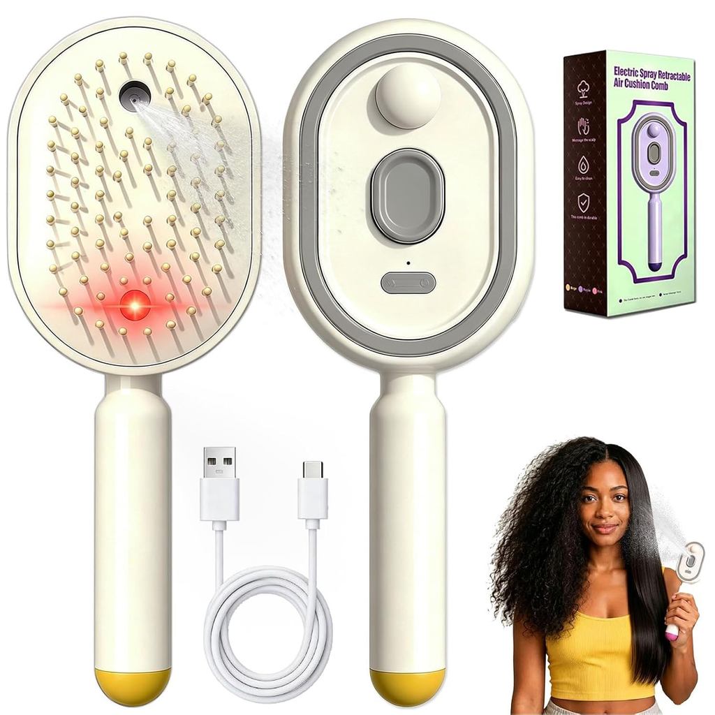 Electric Spray Air Cushion Massage Comb, 5-in-1 Air Cushion Brush Mist Hair Brush Detangling Comb with Self-Cleaning Ant