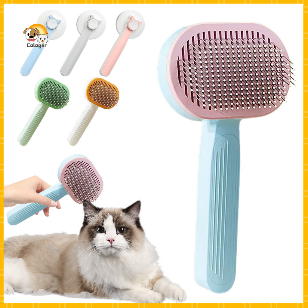 Pet Comb Self-cleaning Grooming Dog Shedding Brush with Angled Stainless Steel Teeth Non-slip Grip Massage for Dogs Cats