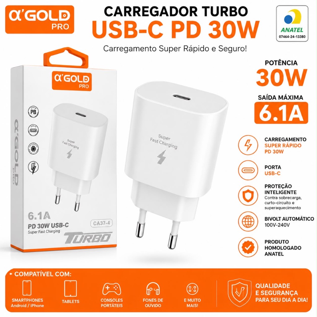 Carregador Turbo αGold Pro USB-C PD 30W 6.1A Super Fast Charge CA37-4 Homologado Anatel