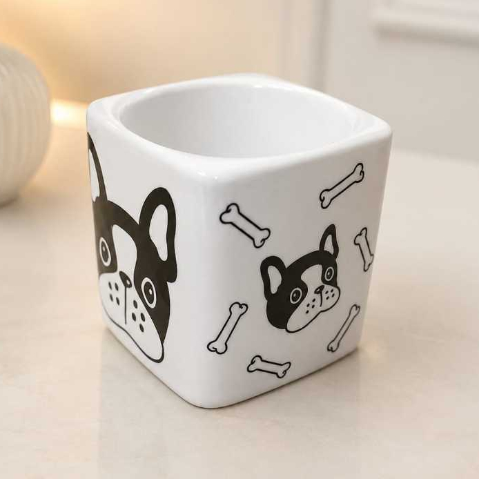 Caneca Porcelana Quadrada Branca 220ml Chá Café Pets Bulldog