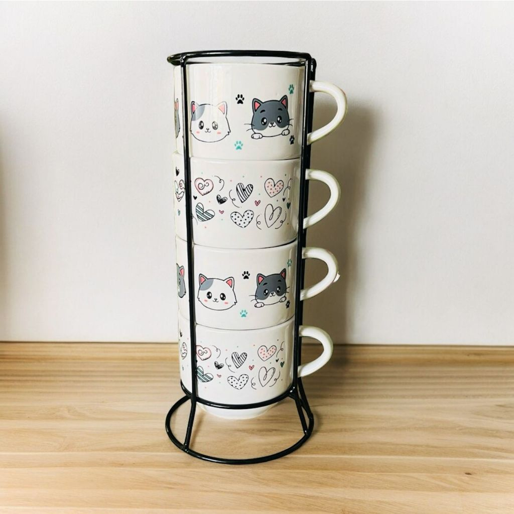 Jogo De 4 Xícaras Café Chá Porcelana Com Suporte Caneca Pets