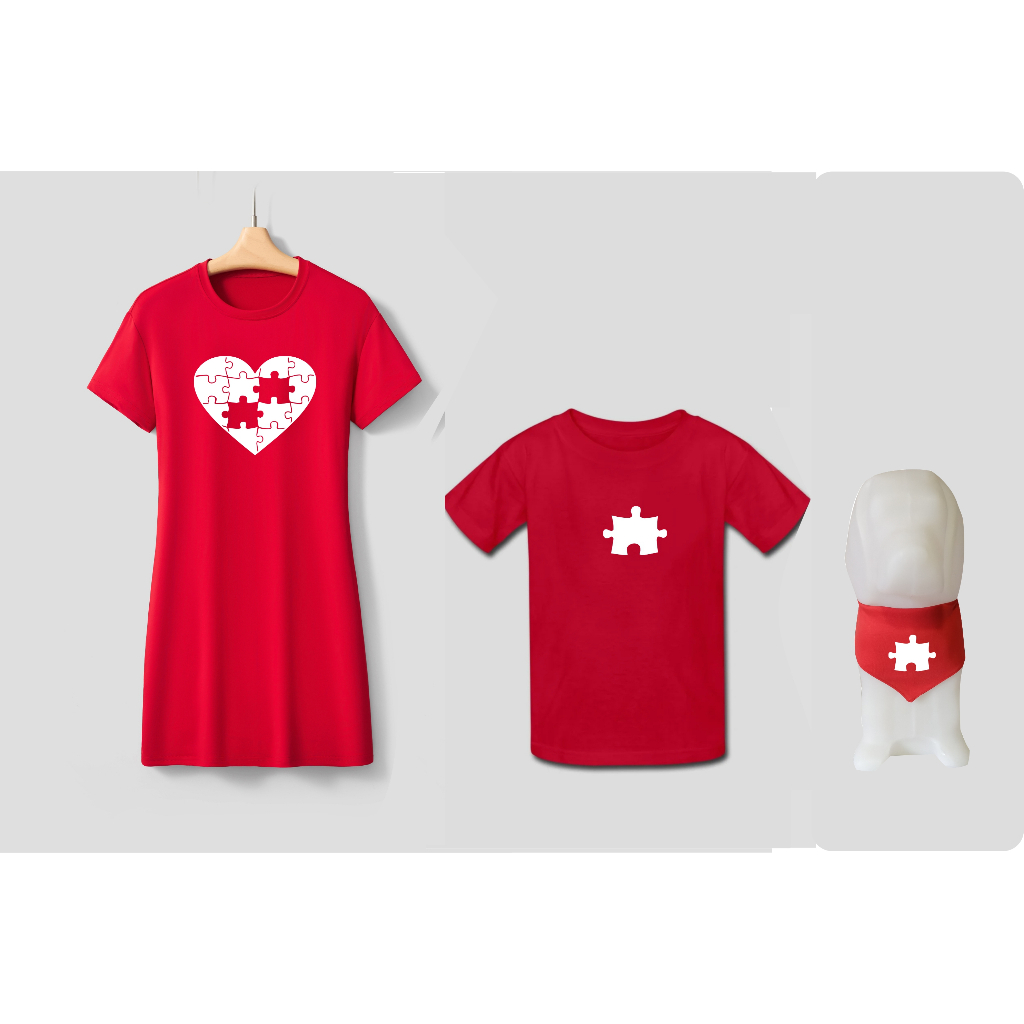 Conjunto kit Vestido tal mãe e filhos Camiseta filho BANDANA PET coracao quebra cabeça faltando peça