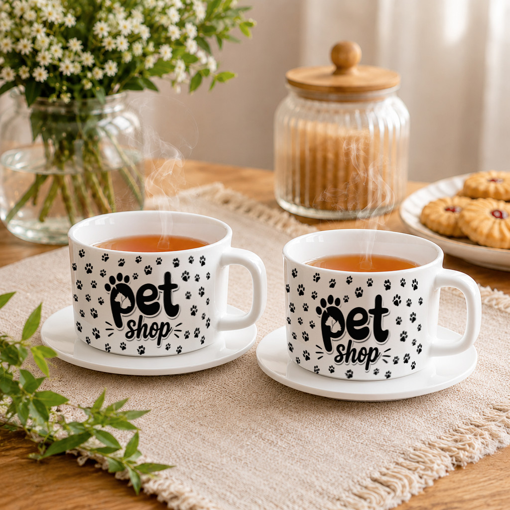 Kit 2 Xícaras com Pires Pet Shop Cachorro Gato Animais Pet