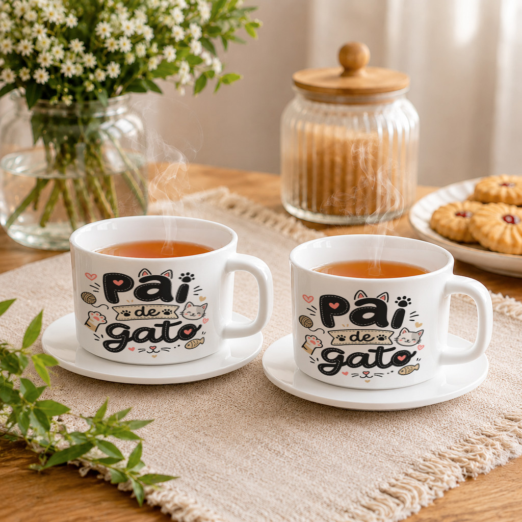 Kit 2 Xícaras com Pires Pai de Gato Pet Gatinho Felino Amor