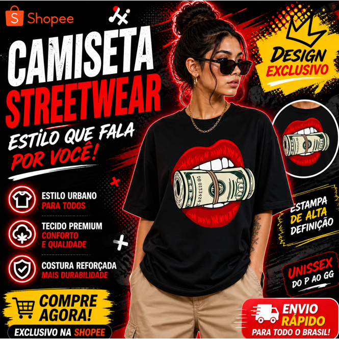Camiseta Oversized Unissex Streetwear Estampa High Definition Boca Money Design Exclusivo.