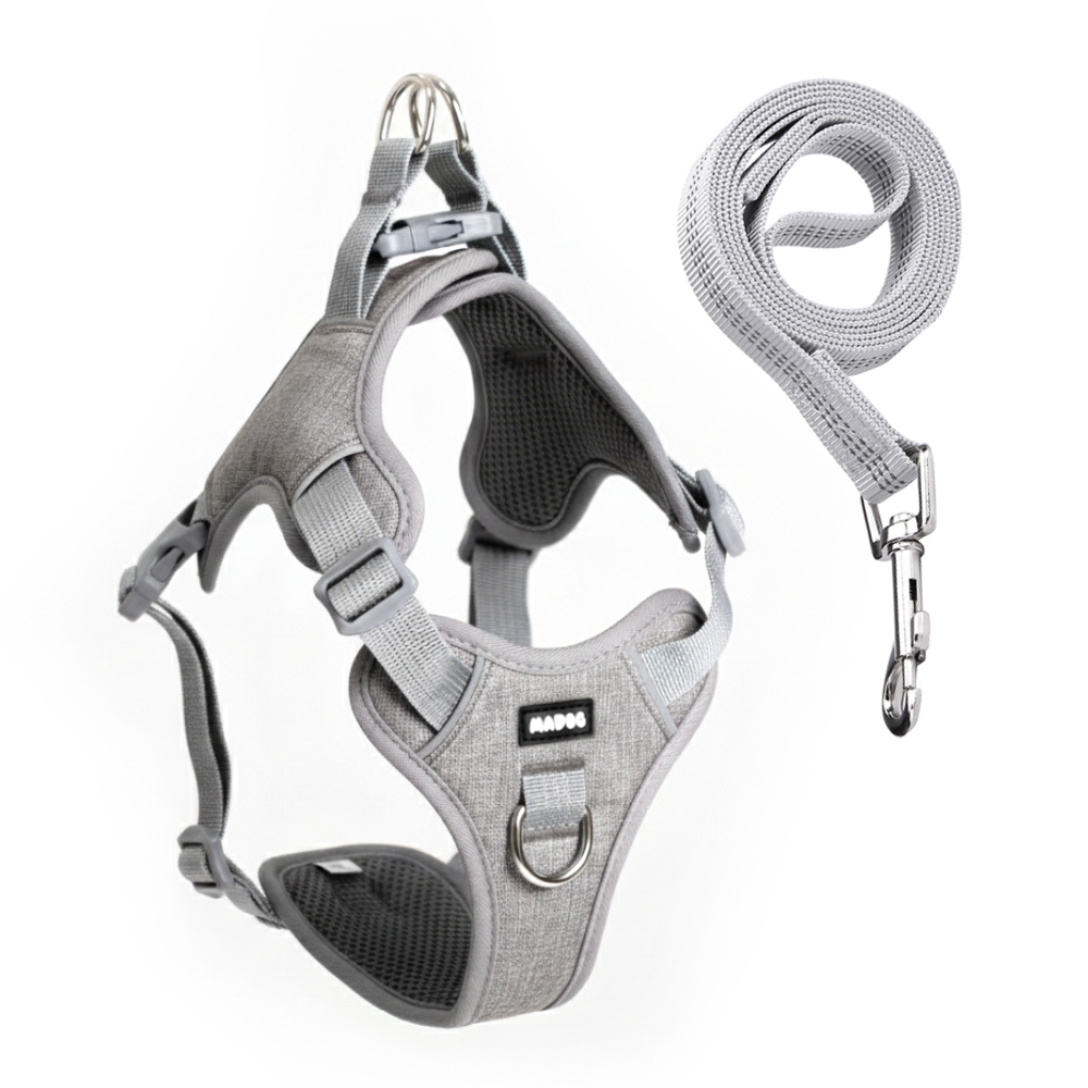 Kit Peitoral Antipuxão para Cachorro MADOG COMFORT + Guia de Passeio Basic CINZA