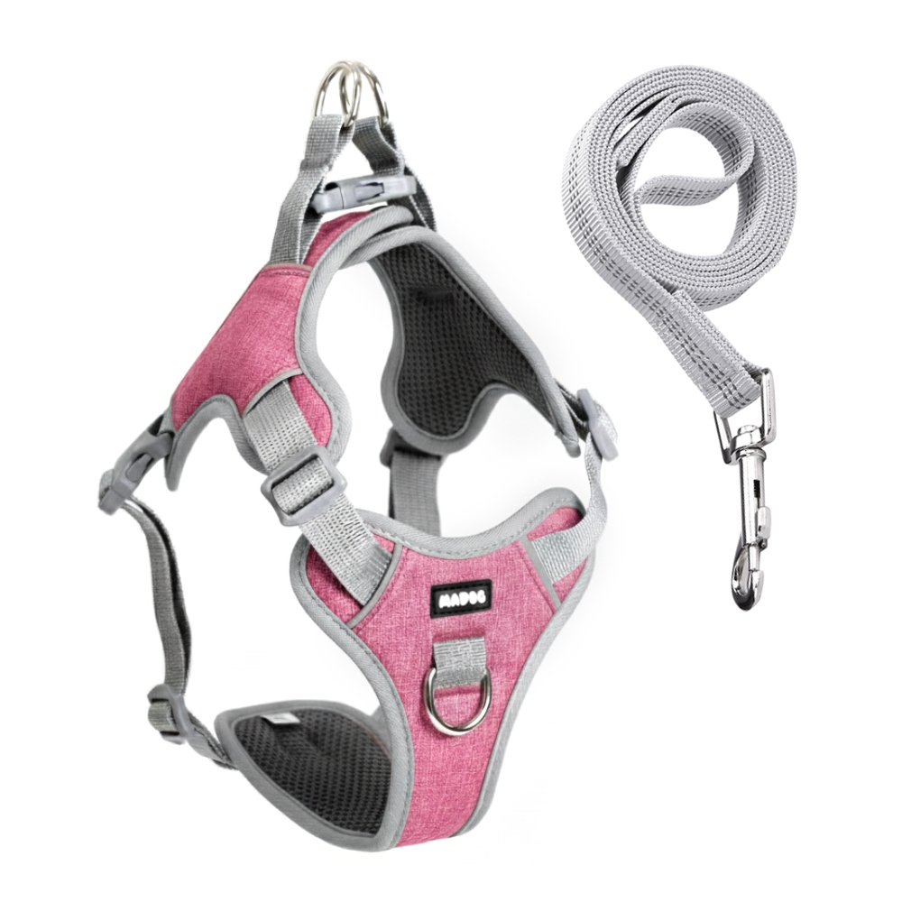 Kit Peitoral Antipuxão para Cachorro MADOG COMFORT + Guia de Passeio Basic ROSA