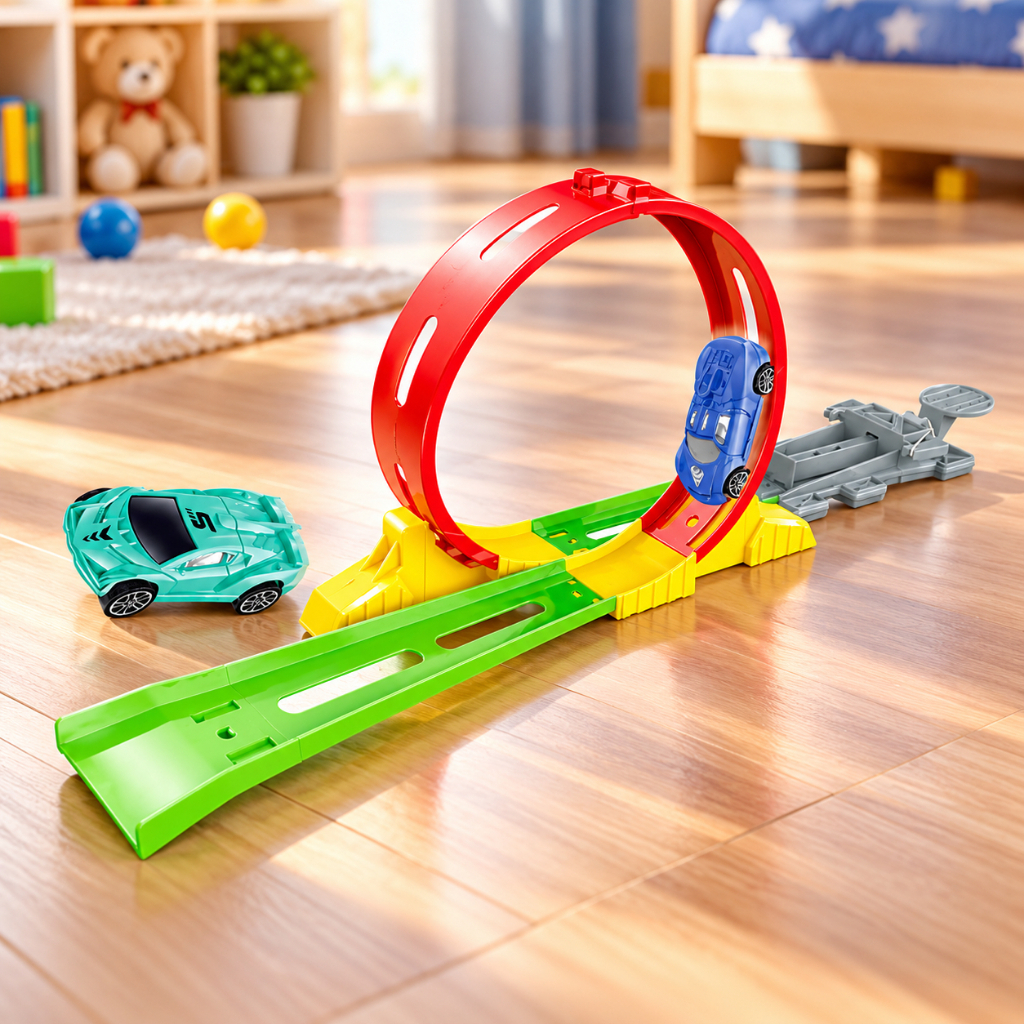 Pista de Carrinho Infantil com Lançador Loop 360º de Montar 2 Carrinhos Brinquedo First Completa 3+