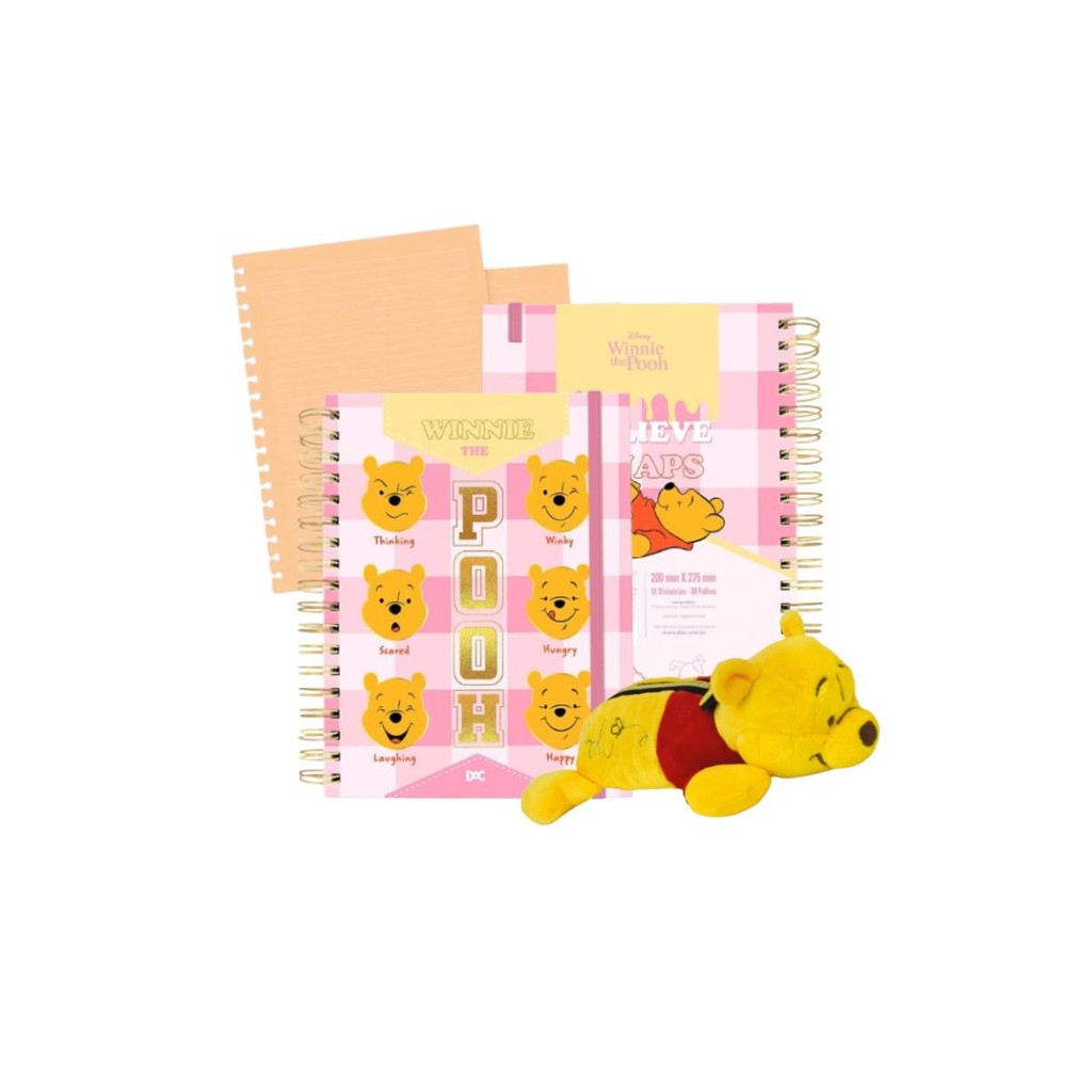 Kit Material Escolar Ursinho Pooh 1 Estojo Pelúcia 1 Caderno Smart Universitário e Refil Folhas Aula