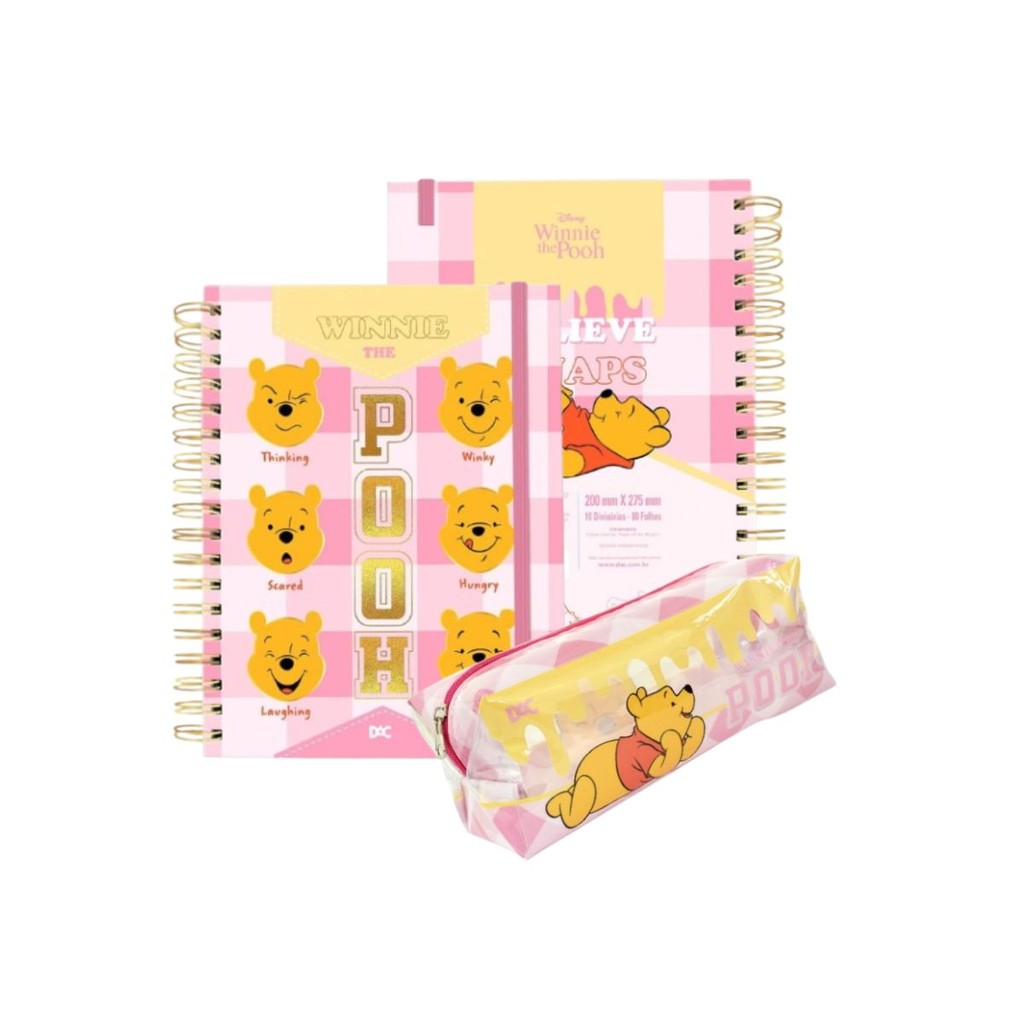 Kit Material Escolar Ursinho Pooh com 1 Estojo Grande e 1 Caderno Smart Universitário Volta as Aulas