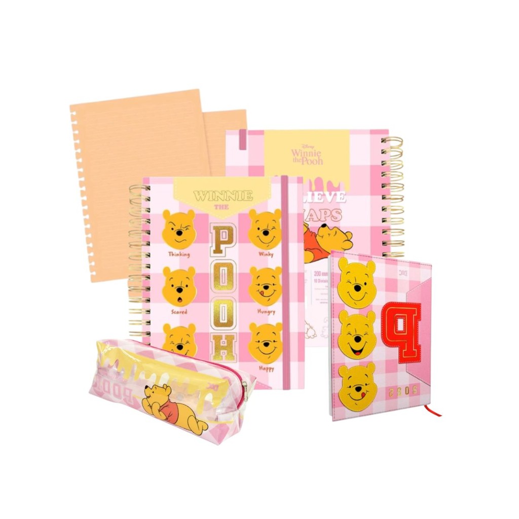 Kit Material Escolar Ursinho Pooh com Estojo Grande Agenda 2025 Caderno Smart Universitário Refil