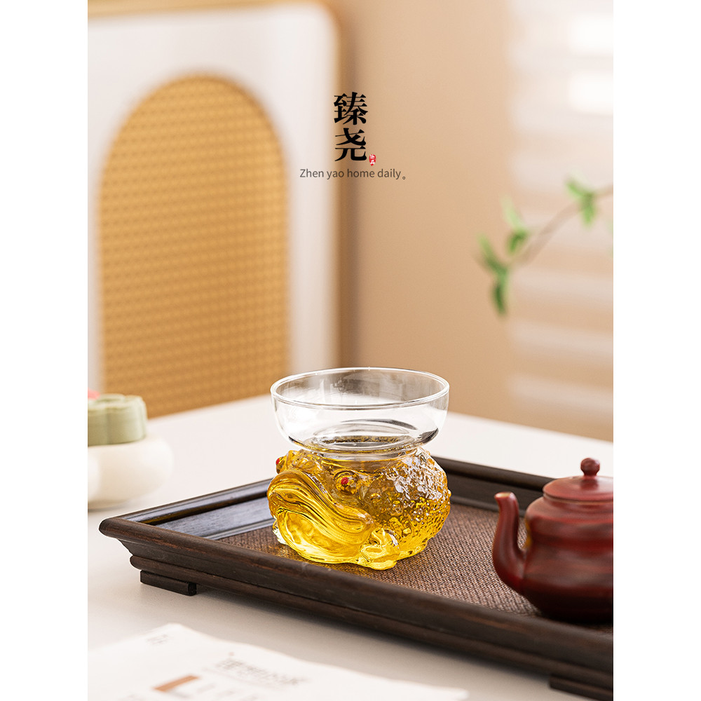 Coador de chá de vidro Coador de chá High-End Lucky Golden Toad Tea Pet Ornaments Pires Coador Cerimônia de chá Acessóri