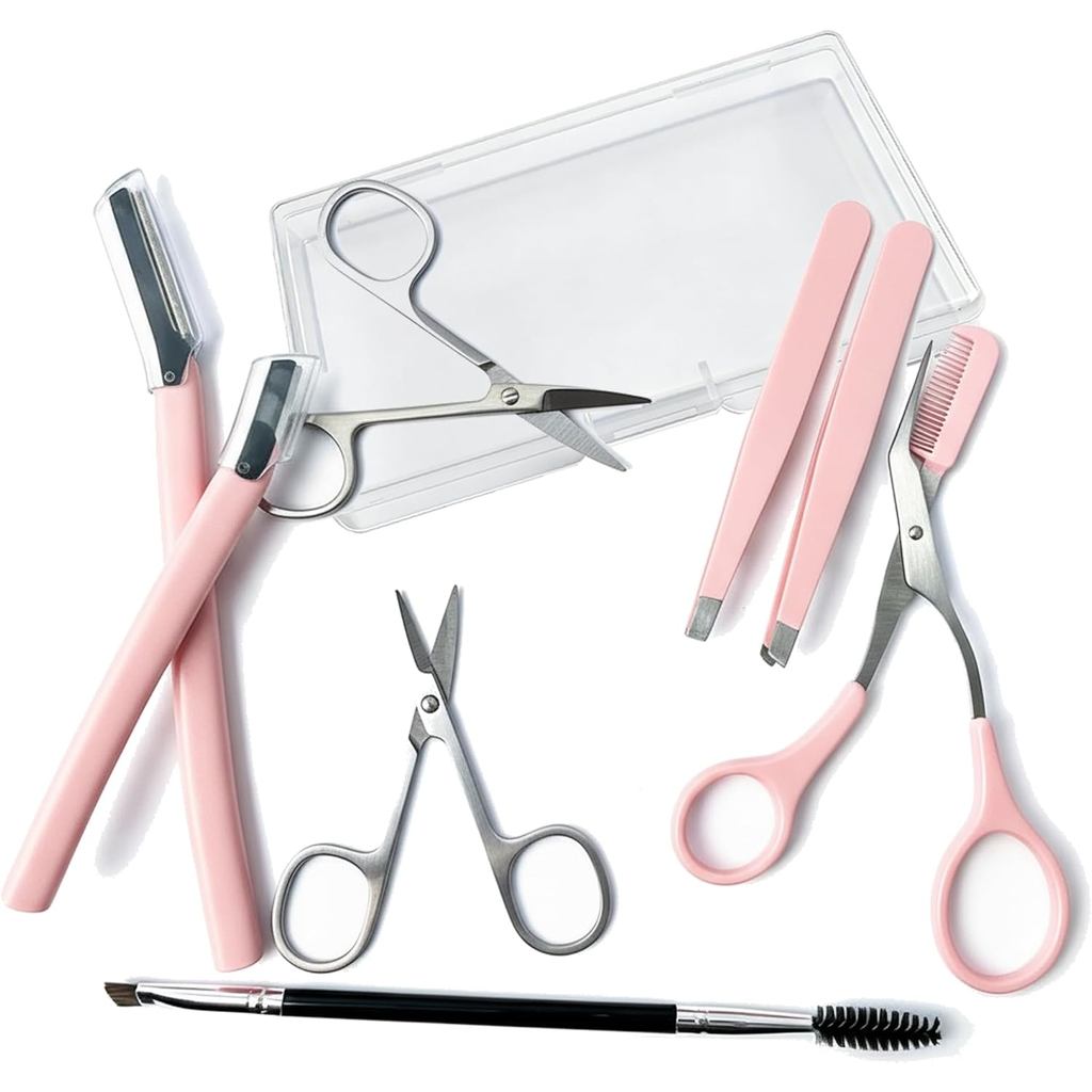 8 Pcs Eyebrow Kit, with Small Eyebrow Scissors with Comb, Razor Kit, Eyebrow Tweezers, Stainless Steel Nose Hair